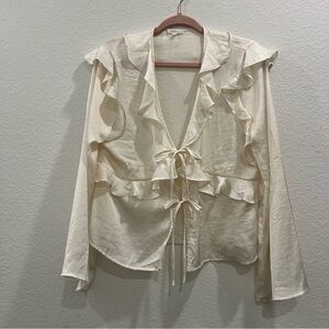 Pleione Satin‎ Ivory Cream Ruffled Tie-Front Blouse Size Large